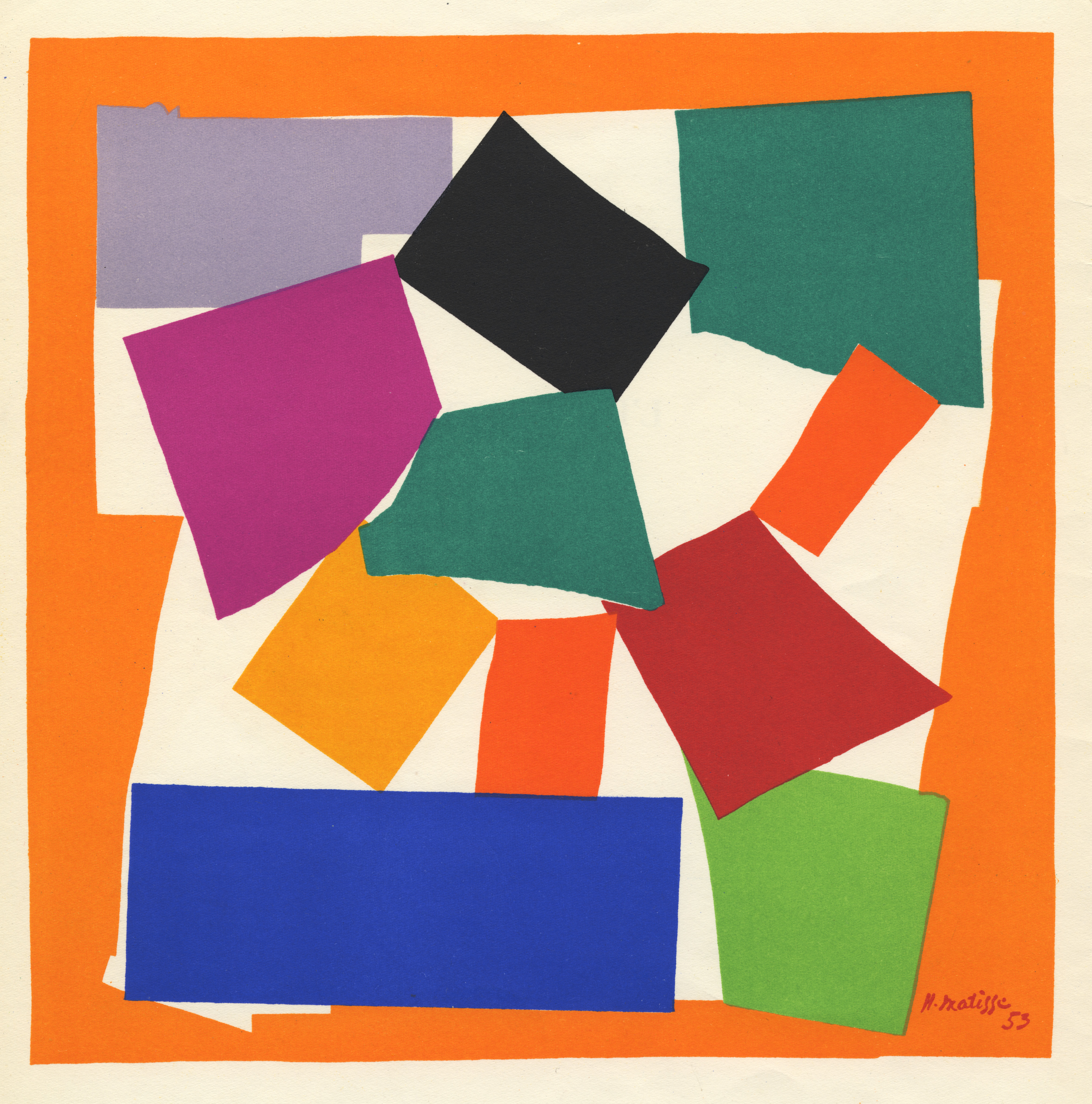 Artwork by Matisse. The work is a square with various coloured shapes within an orange border. The work was included in the exhibition Matisse: Drawing With Scissors.