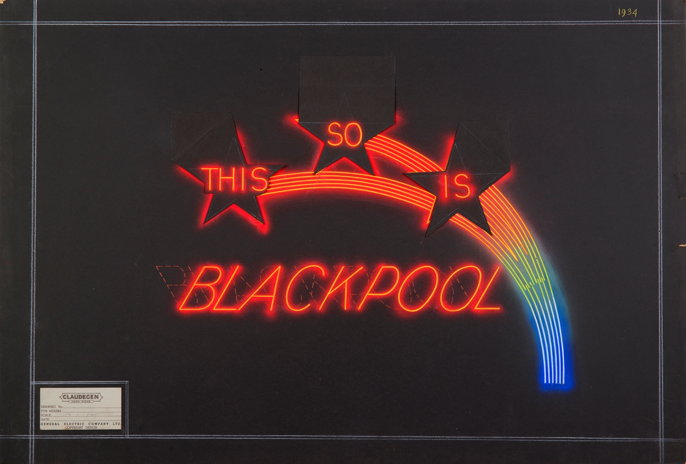 Design work for Blackpool illumination dating from 1934. The design is of the words This Is So Blackpool with the first three words within stars on curved trails. The design is in reds, greens and blues on a black background. Included in the exhibition Blackpool Illumination Archive.