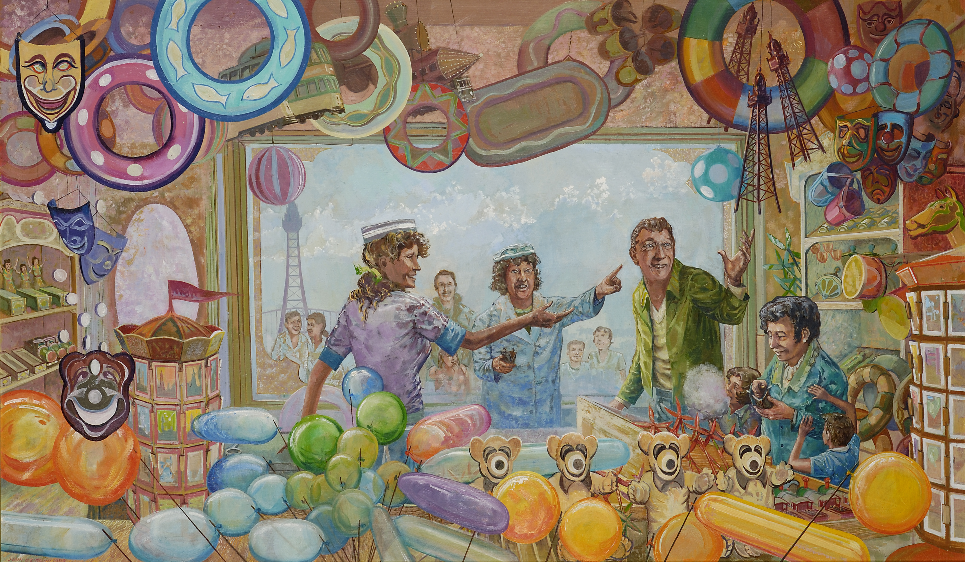 Painting depicting the view from inside a Blackpool souvenir shop filled with inflatables, teddy bears and masks, several tourists are in shop buying items. Included in exhibition The Good And The Bad Or The Loved And Unloved.