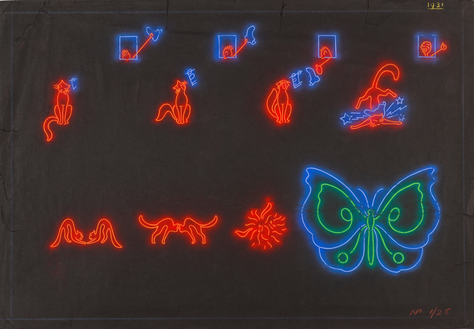 Design work for various Blackpool illuminations dating from 1931. The designs are of a noisy cat being hit with a shoe , two cats fighting, and a butterfly. The designs are in reds and blues on a black background. Included in the exhibition Blackpool Illuminations Archive