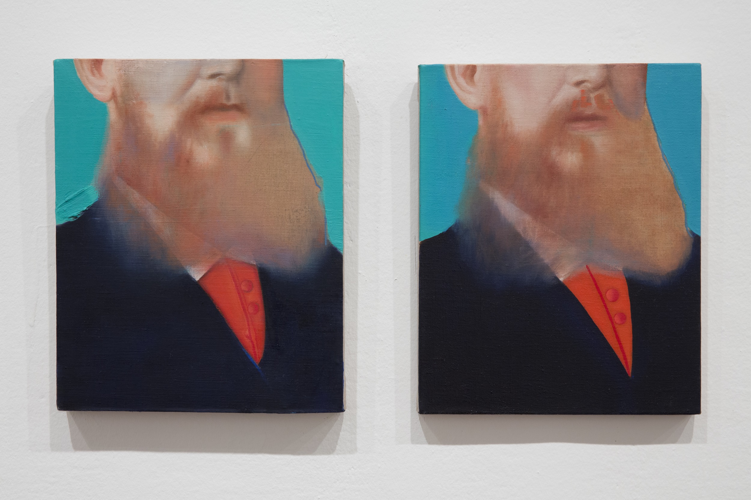 Painting by artist Louise Giovanelli. The painting is of two male faces and shoulders against a turquoise background, the male faces are bearded, the beards are faded towards the bottom, the heads are cut off mid nose by the top of the canvas. The artworks were included in the exhibition Louise Giovanelli From Here To Here.