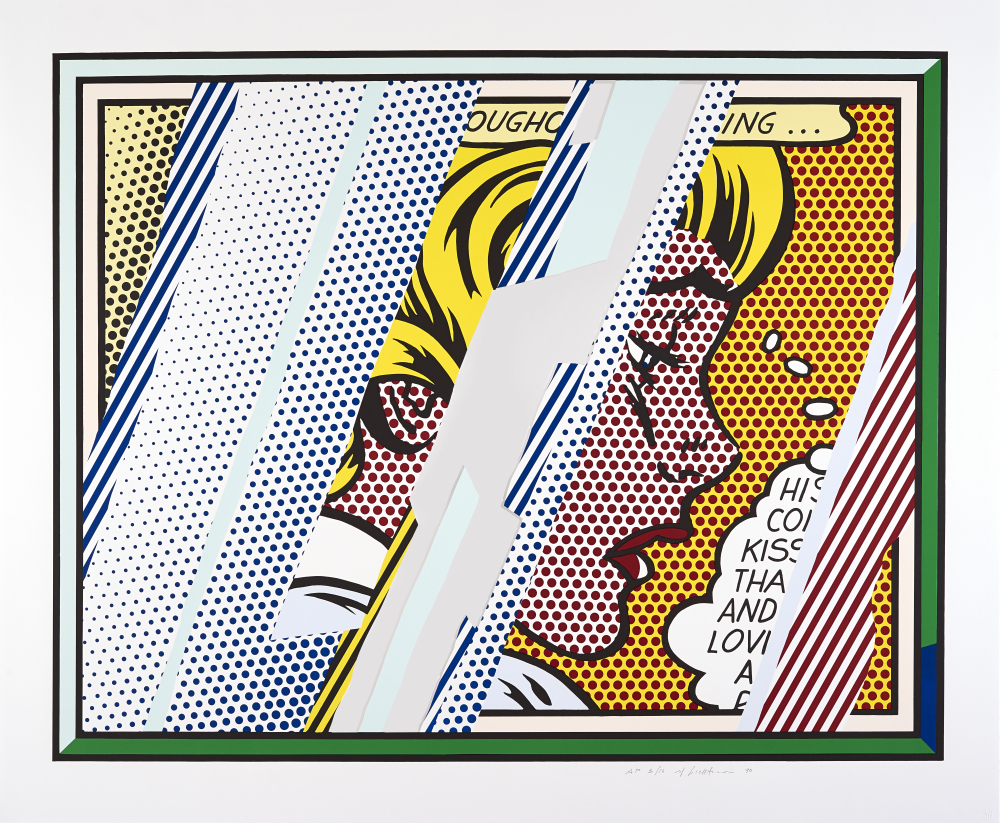 Painting by artist Roy Lichtenstein, the painting depicts female profile face in cartoon style, the image is obscured by reflections in cartoon style.