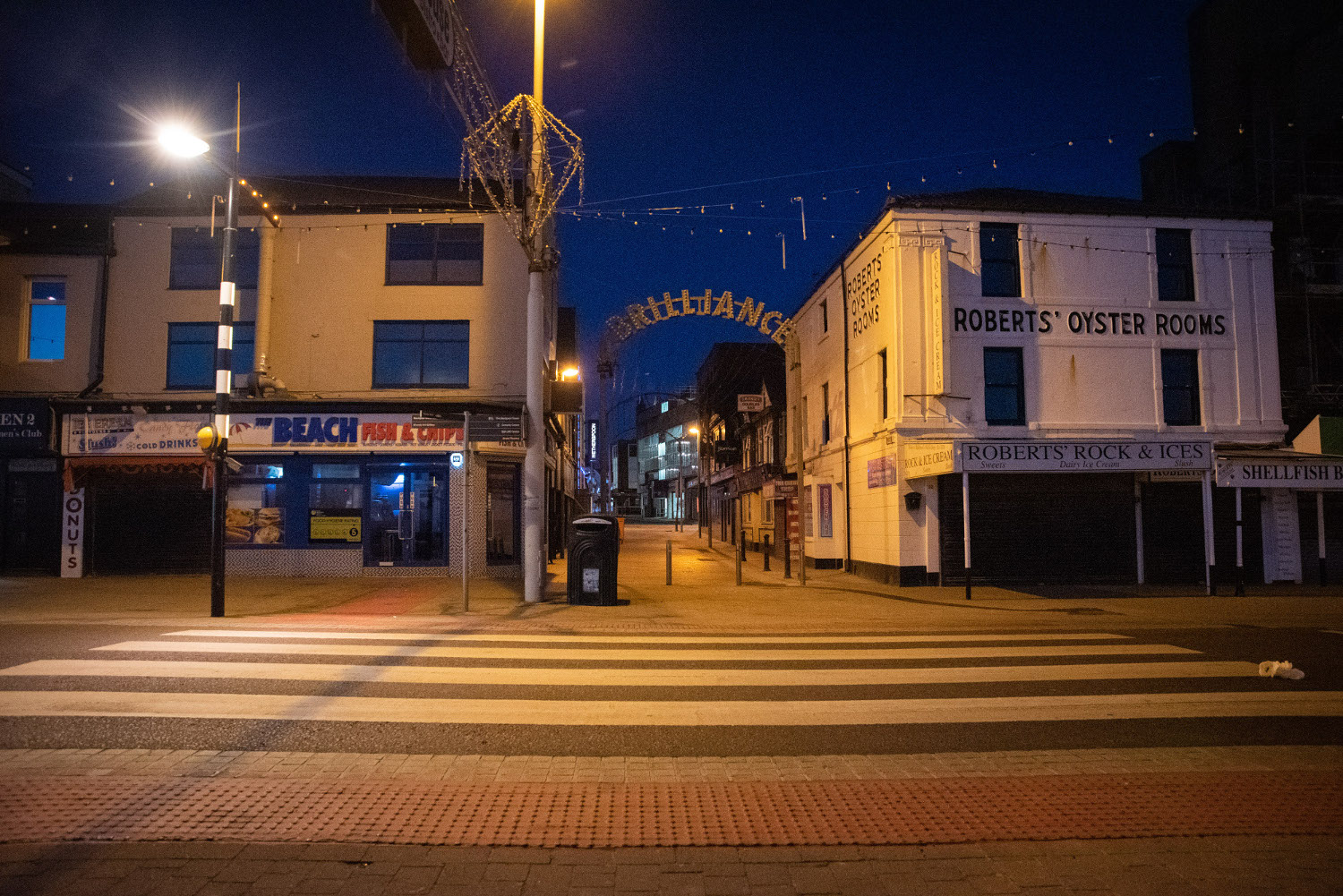 Deserted Blackpool promenade, taken by photographer Claire Griffiths, included in the online exhibition Work Town/Ghost Town, created to record Blackpool during the 2020 lockdown period.